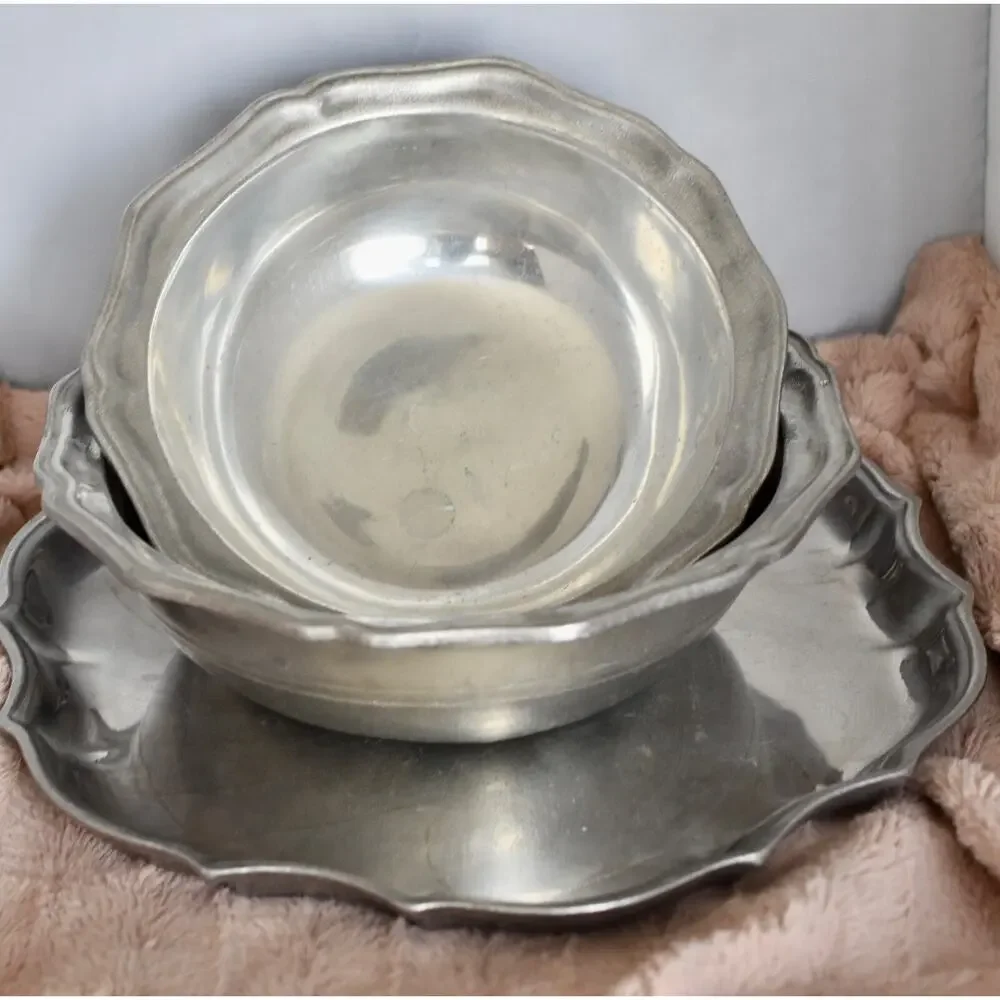 French Country 3pc Metalwear Pewtarex York Pennsylvania Pewter Bowls & Platter